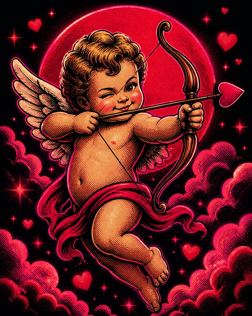 Modern Cupid drawing a glowing heart-tipped arrow